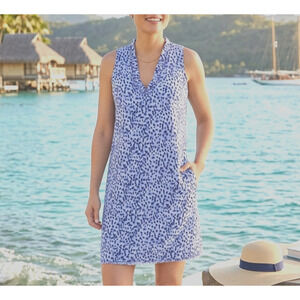 Tommy Bahama Lagoon Leopard Linen Dress Size Medium Blue Pockets Beach Vacation